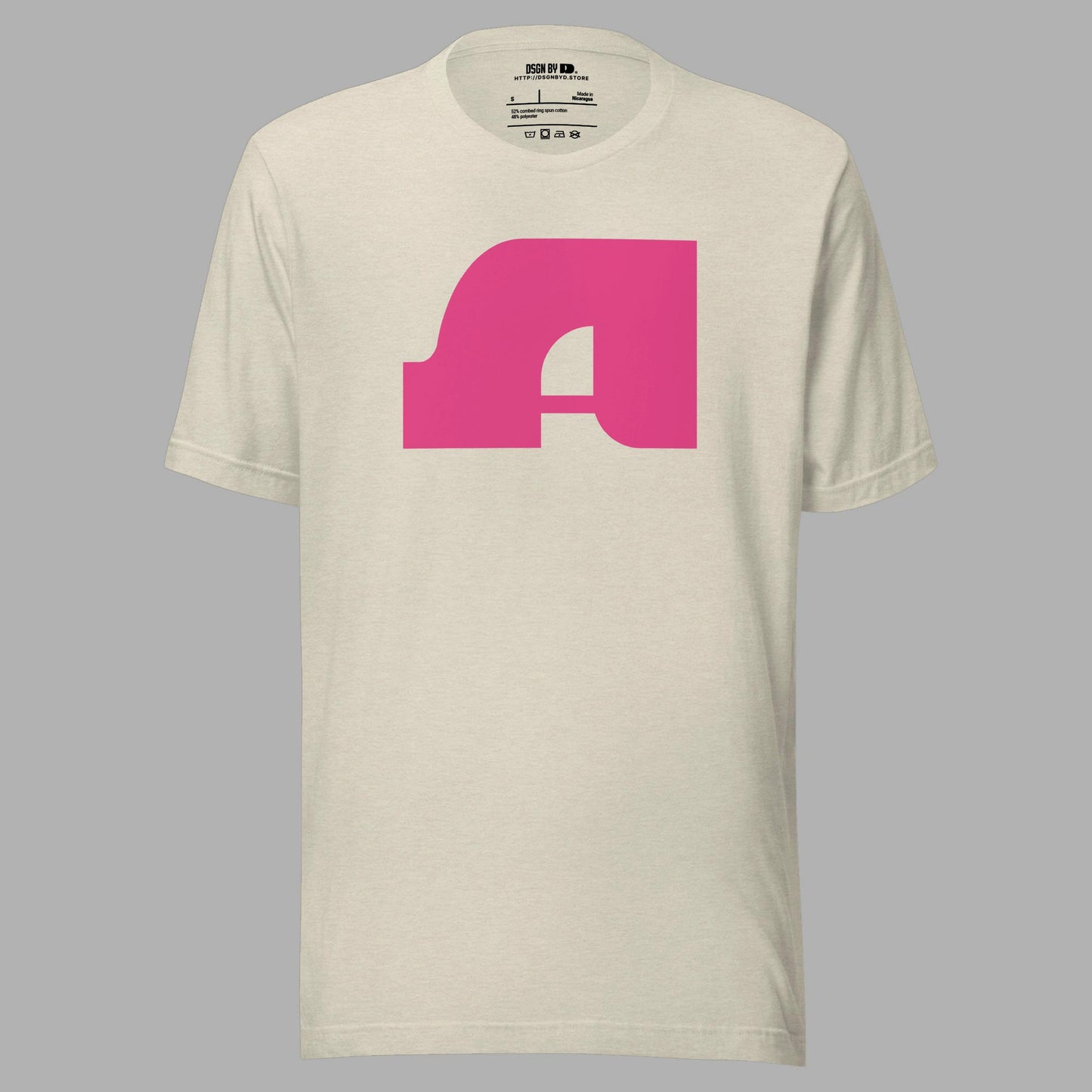 A beige cotton unisex graphic tee with letter A.