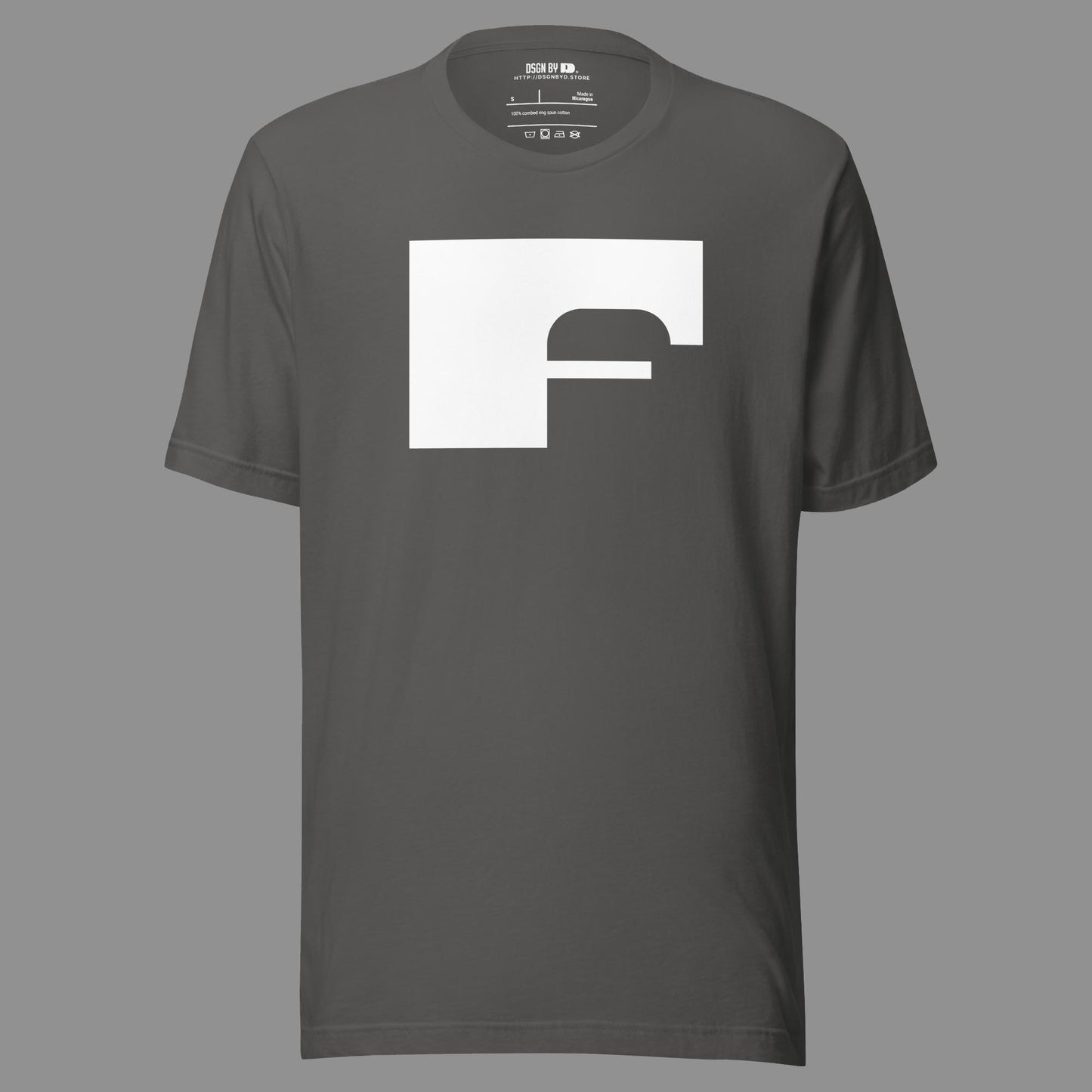 A grey cotton unisex graphic tee with letter F.