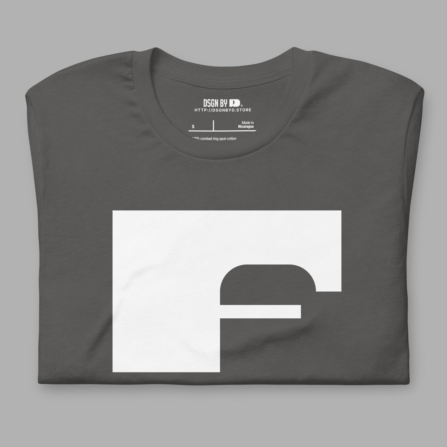 A folded grey cotton unisex graphic tee with letter F.