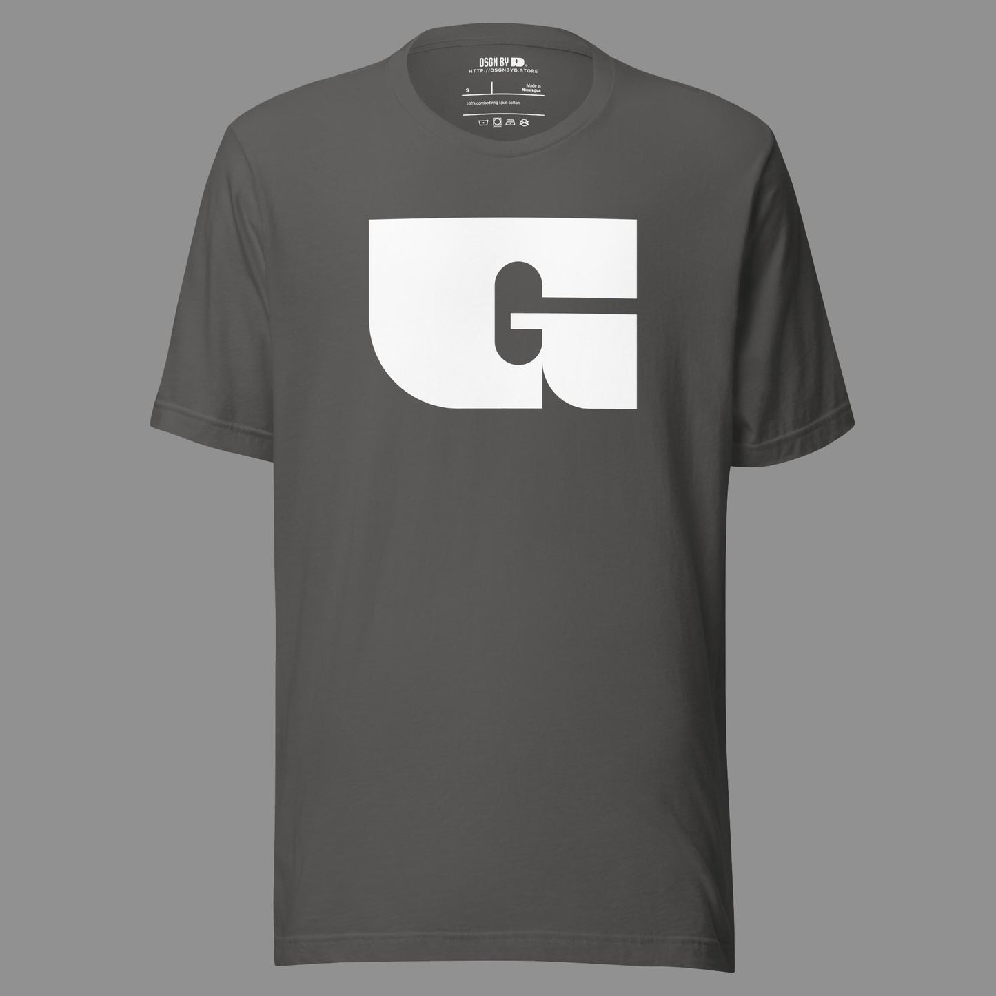 A grey cotton unisex graphic tee with letter G.