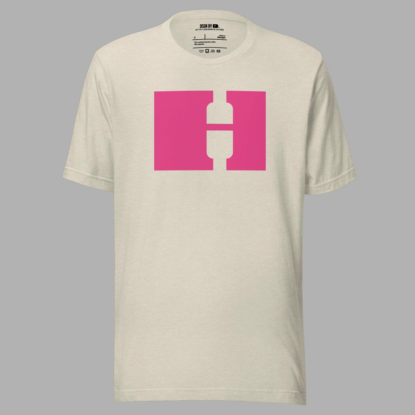 A beige cotton unisex graphic tee with letter H.