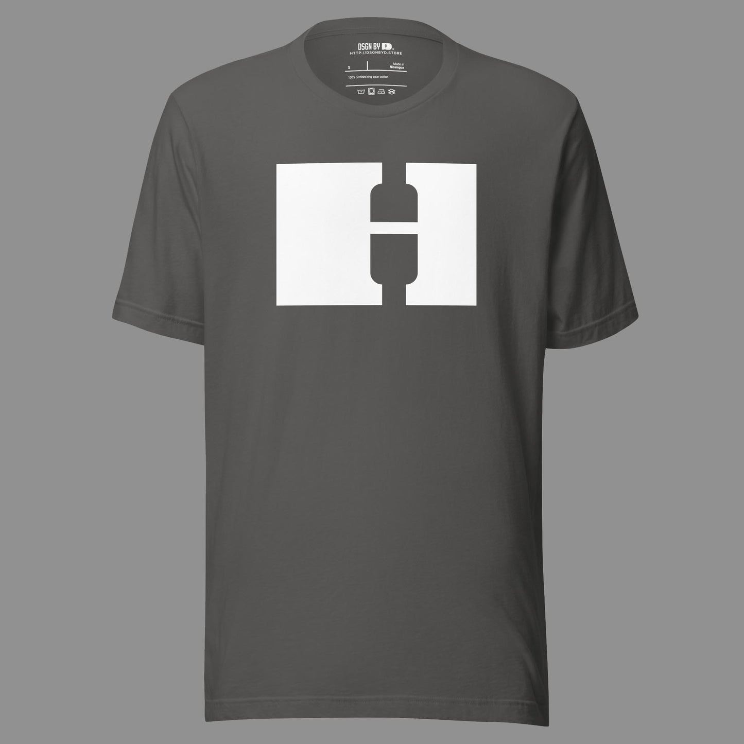 A grey cotton unisex graphic tee with letter H.