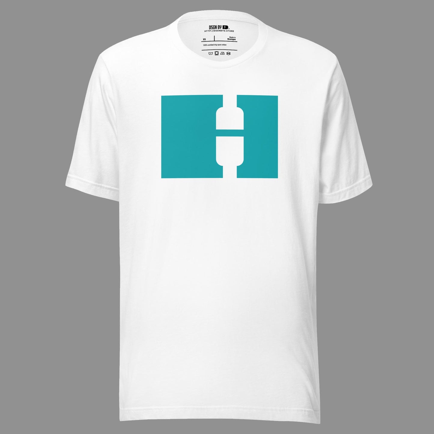 A white cotton unisex graphic tee with letter H.