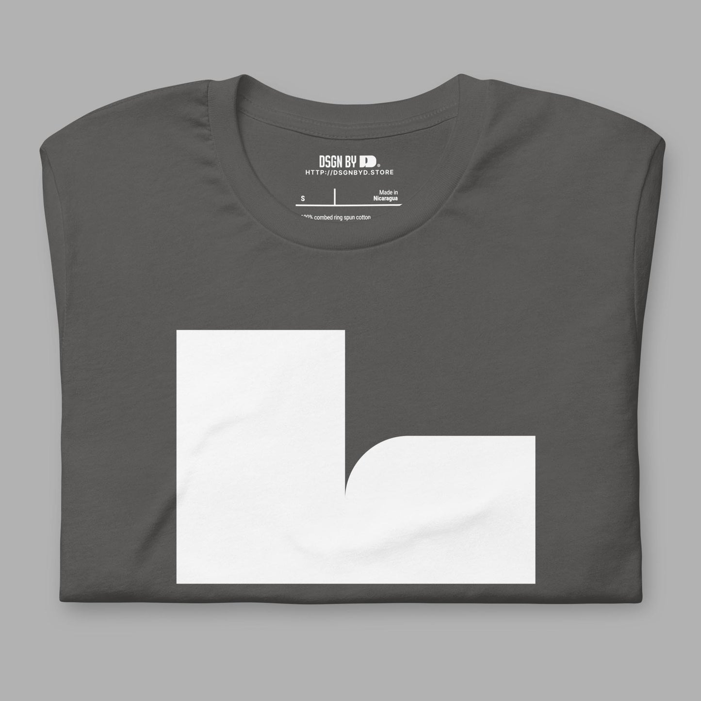 A folded grey cotton unisex graphic tee with letter L.