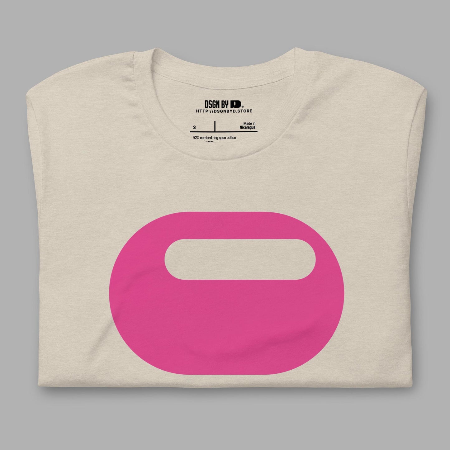 A folded beige cotton unisex graphic tee with letter O.