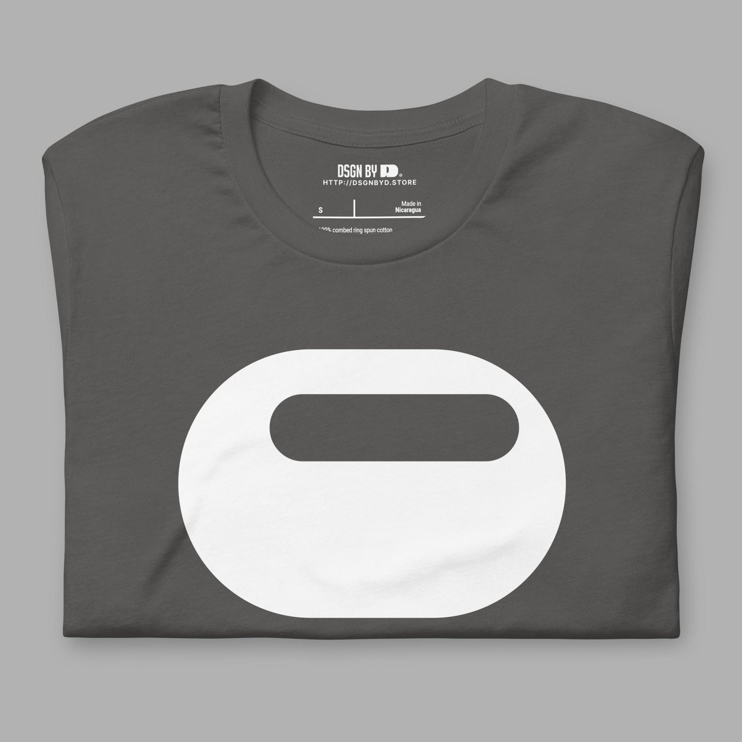 A folded grey cotton unisex graphic tee with letter O.