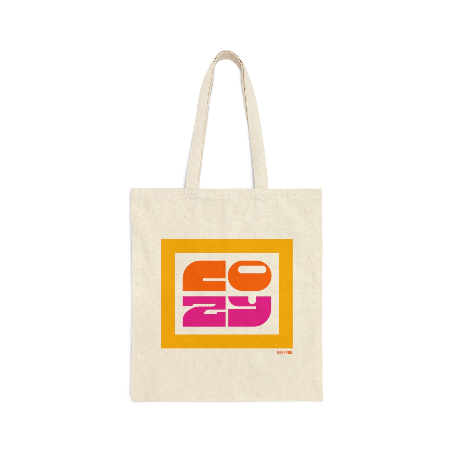 Cotton canvas tote bag with yellow, orange, pink texts.