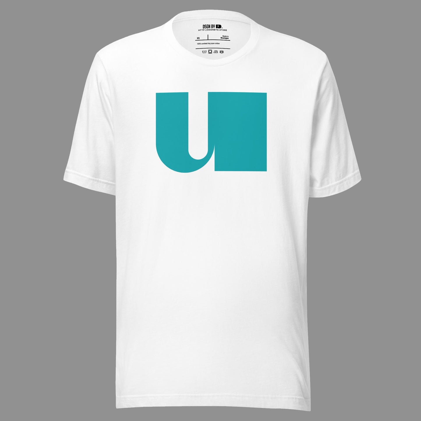 A white cotton unisex graphic tee with letter U.