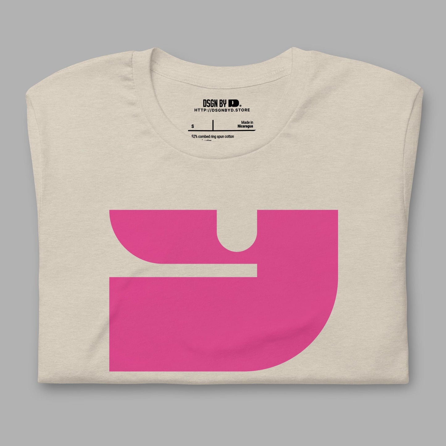A folded beige cotton unisex graphic tee with letter Y.