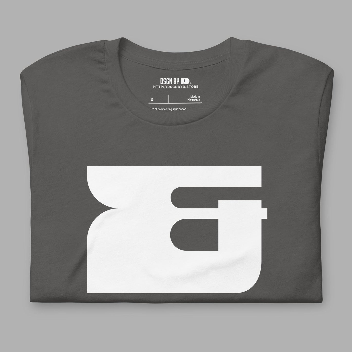 A folded grey cotton unisex graphic tee.