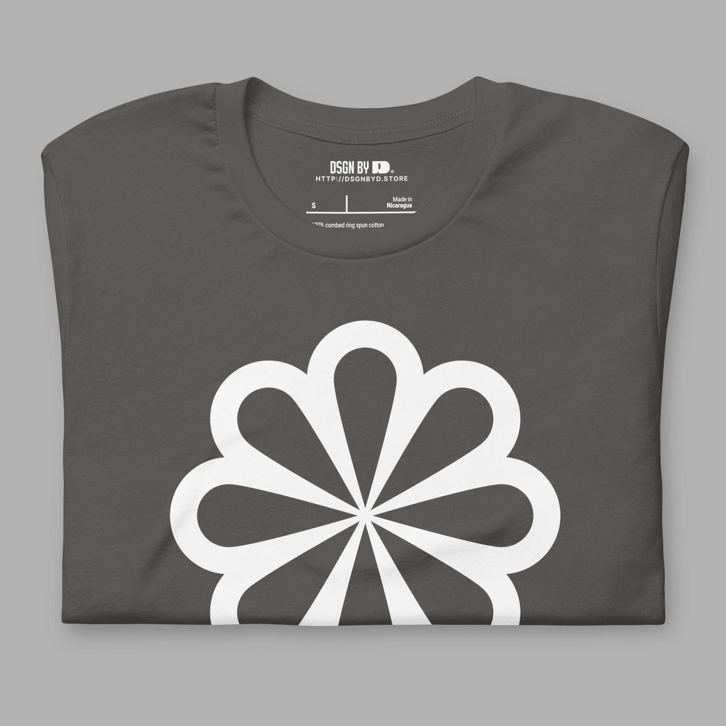 A folded grey cotton unisex graphic tee.