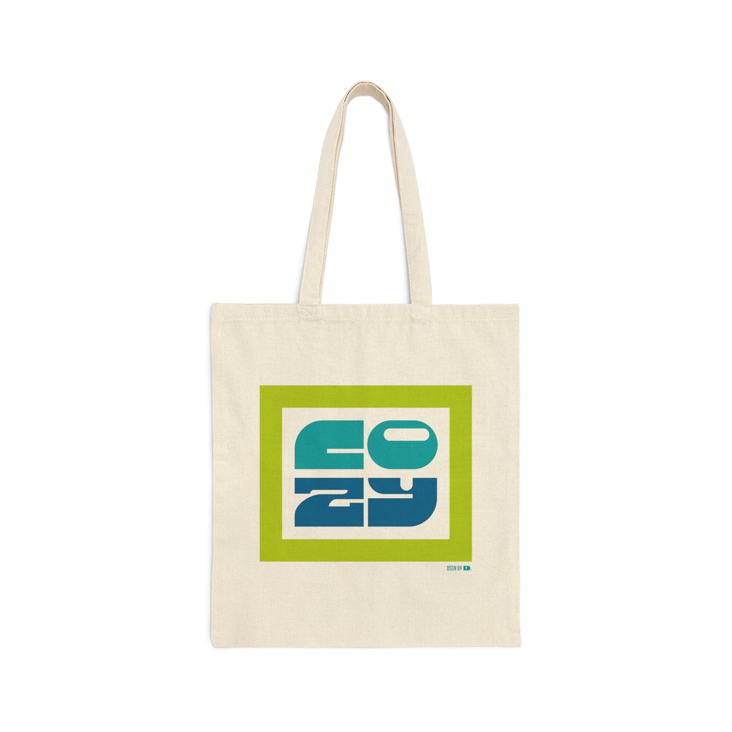 Cotton canvas tote bag with green, teal, and blue texts.