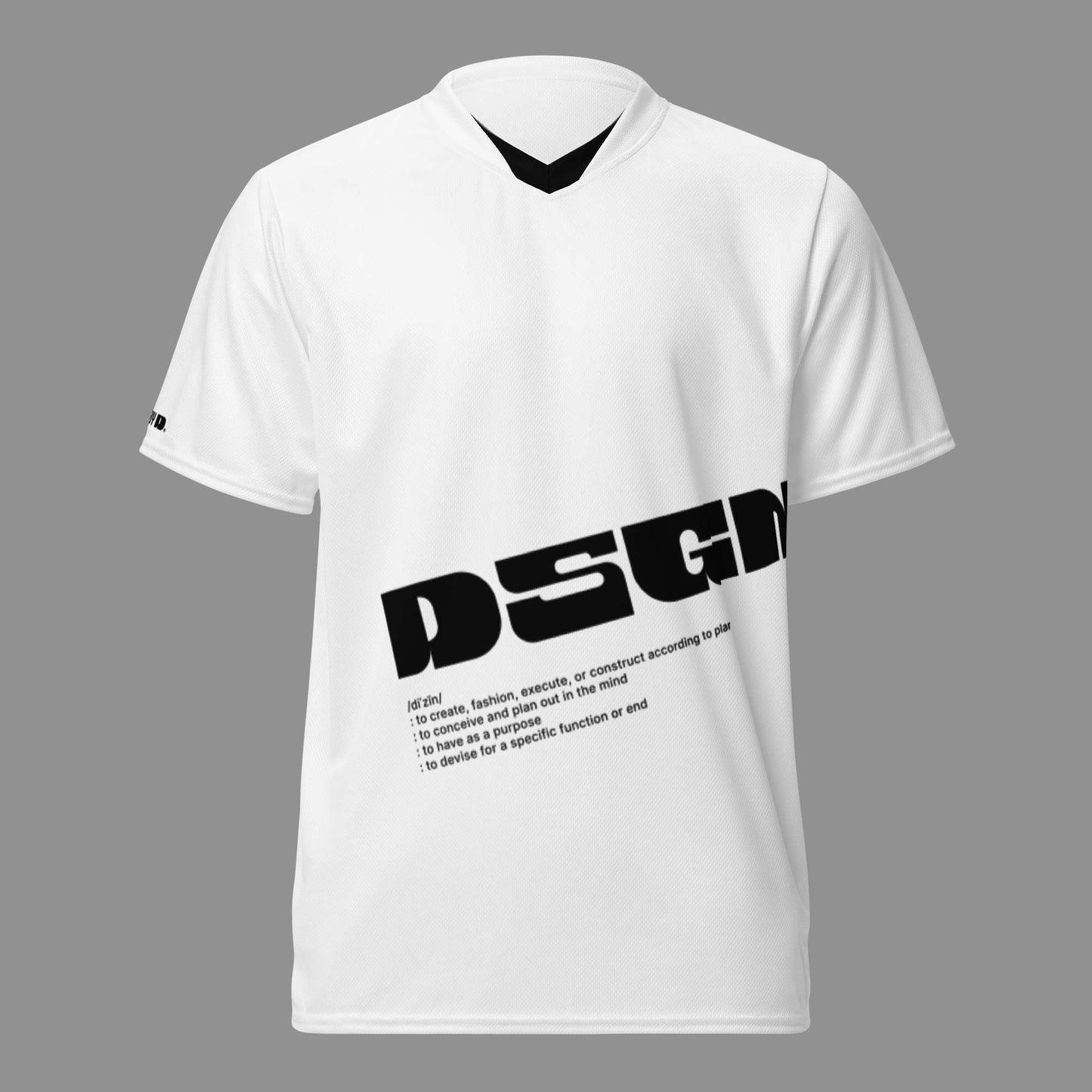 A white sports jersey with "Design" printed on the jersey.