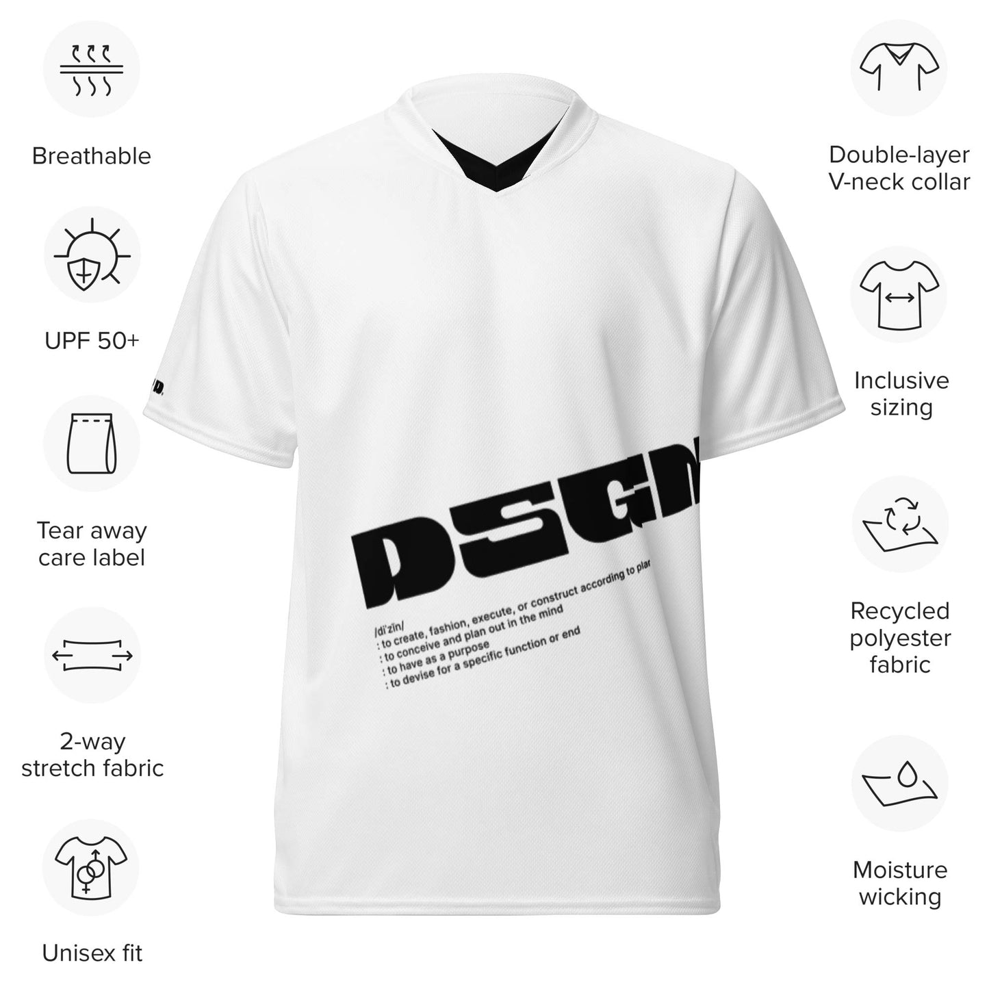 A white sports jersey with "Design is thinking made tangible" printed on the jersey.