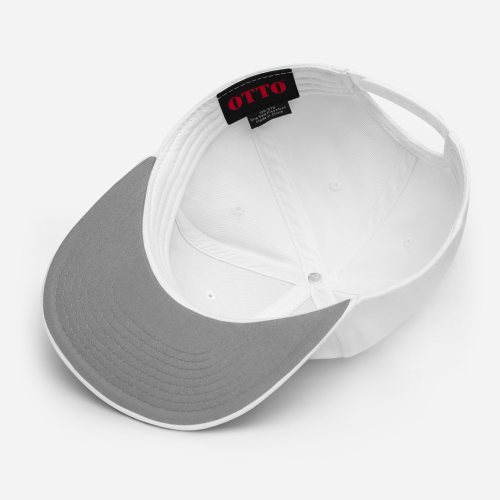 The flip side of a white Snapback Hat with the word "SLAY" embroidered on the front.