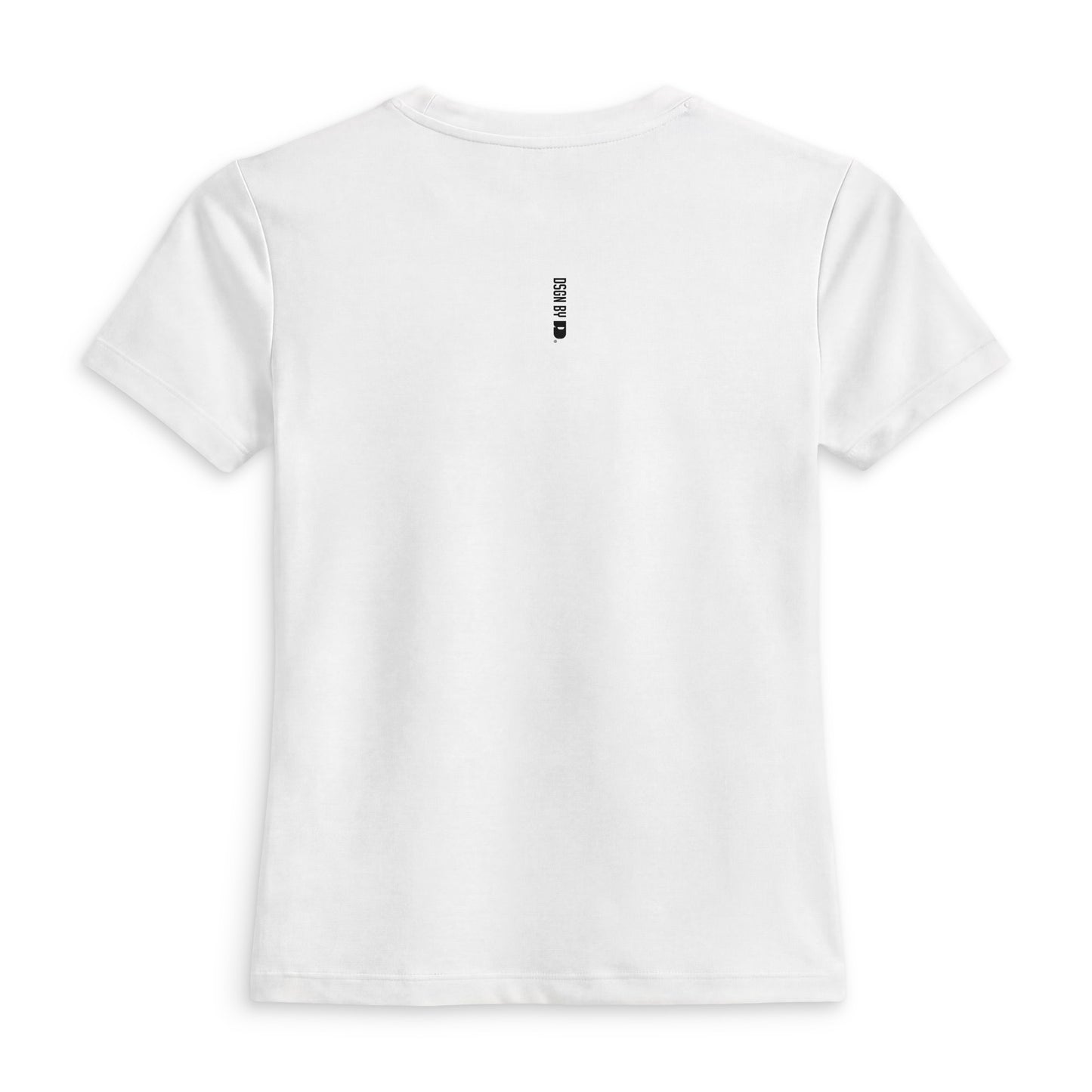 A white short-sleeve crewneck t-shirt shown from the back, featuring a small vertical black graphic print on the upper left side.