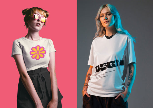 Women wearing stylish graphic tees from a new lifestyle brand, DSGN BY D.