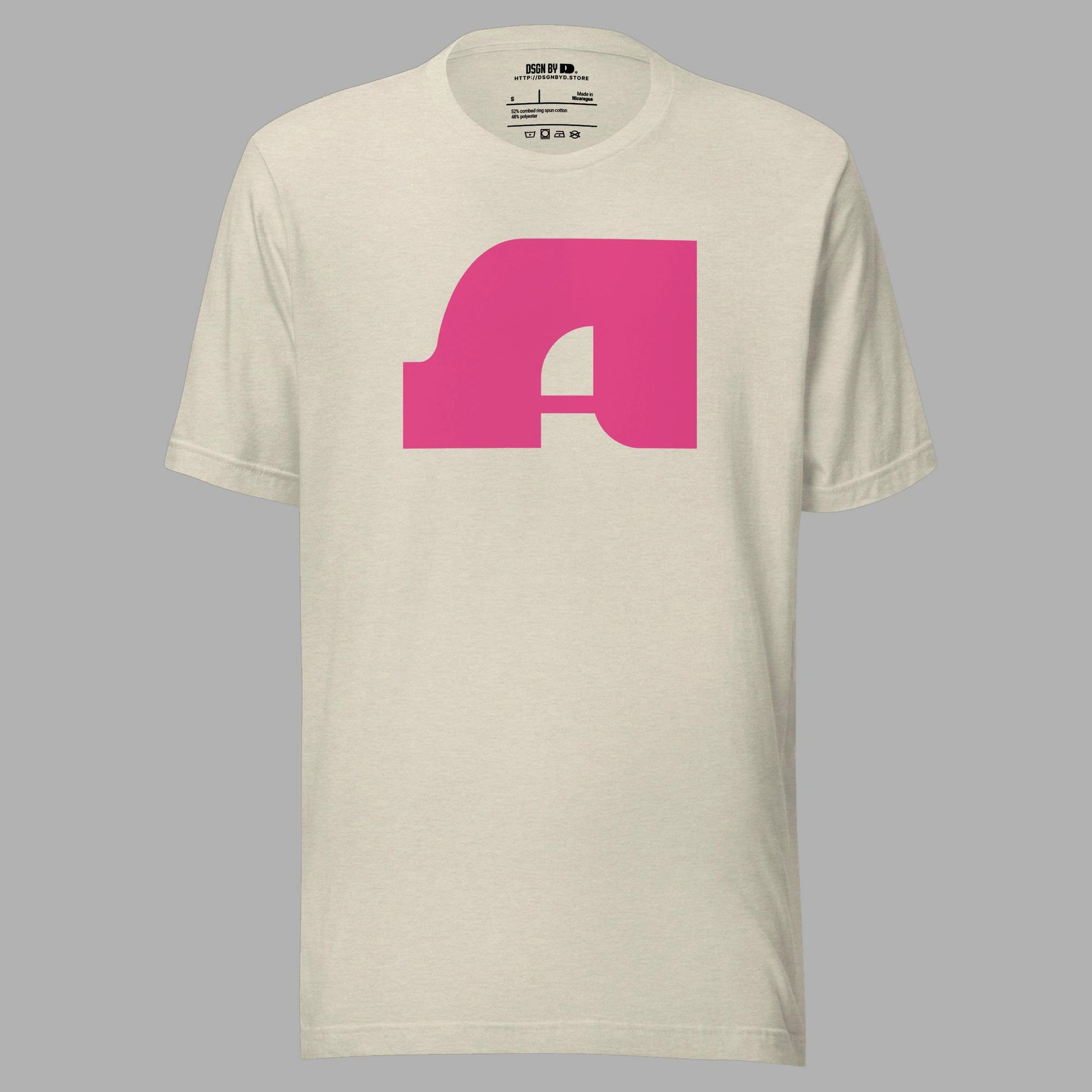 A beige cotton unisex graphic tee with letter A.