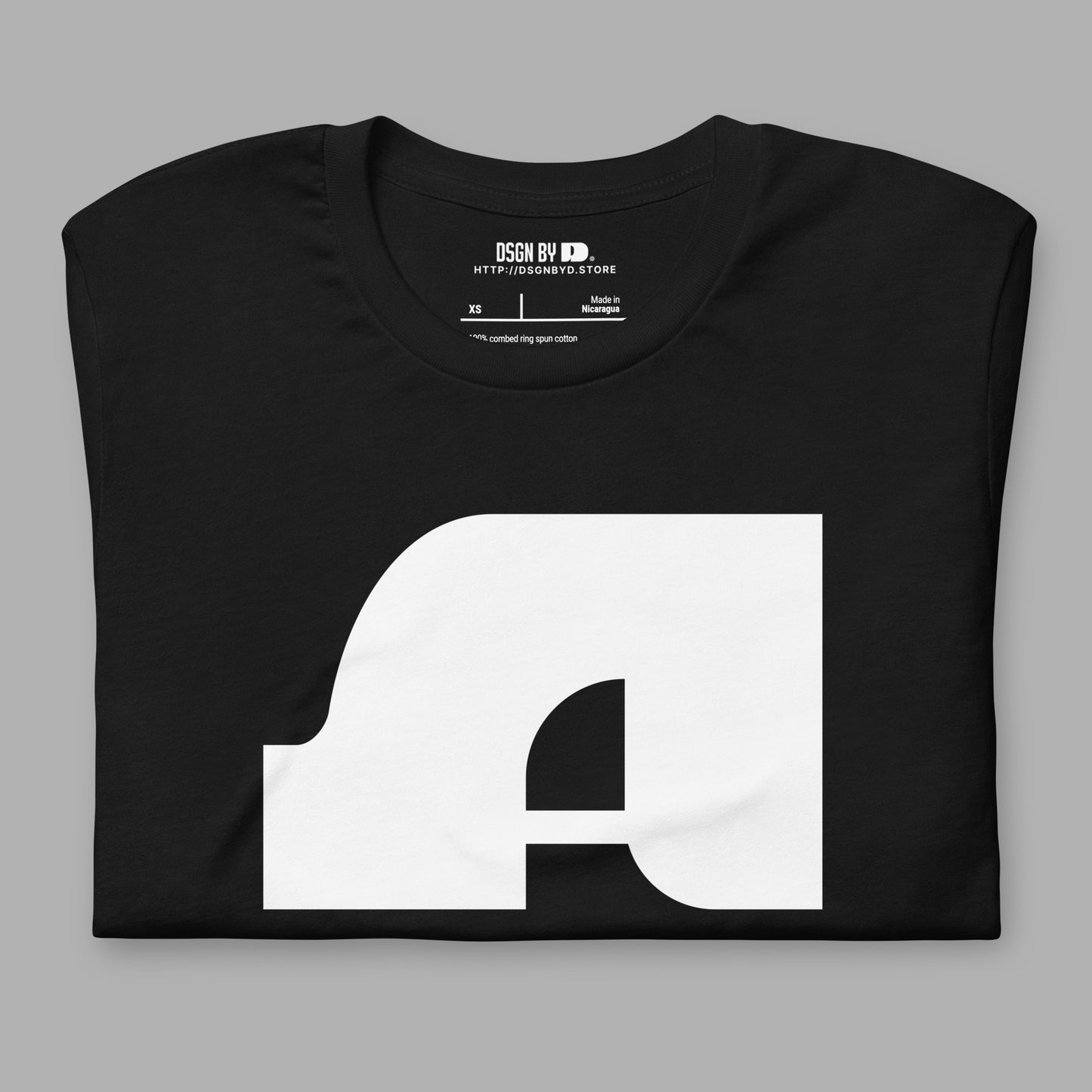 A black cotton unisex graphic tee with letter A.