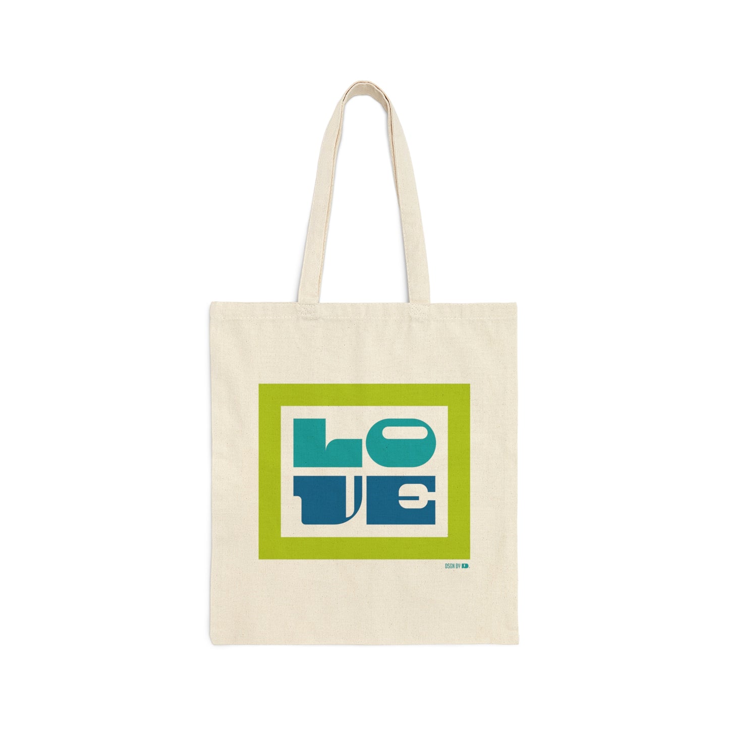 A cotton canvas tote bag with green, teal, and blue design.