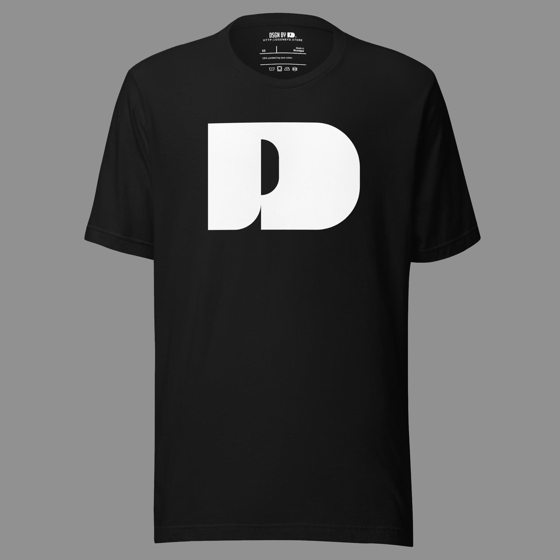 A black cotton unisex graphic tee with letter D .