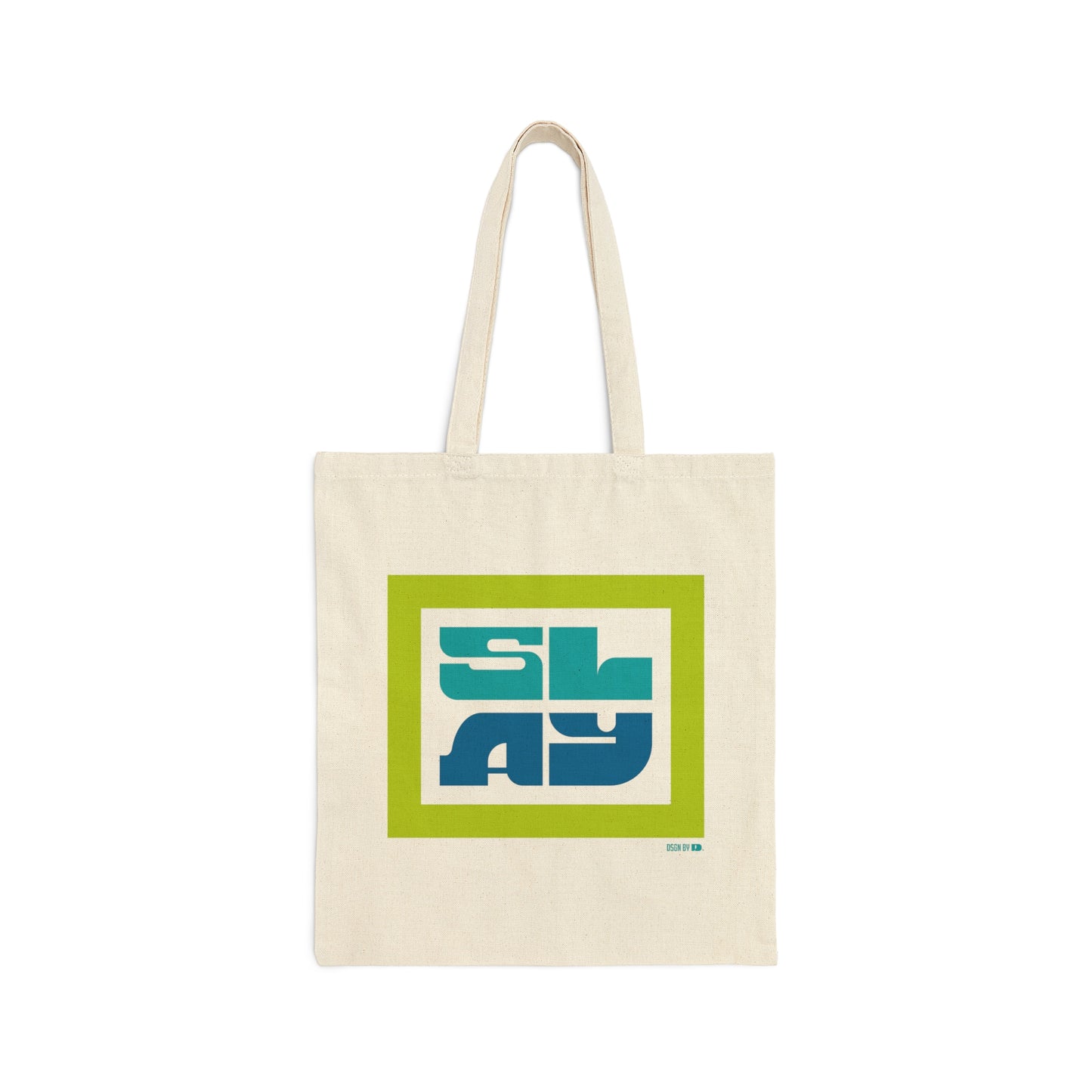 A cotton canvas tote bag with green, teal, and blue design.