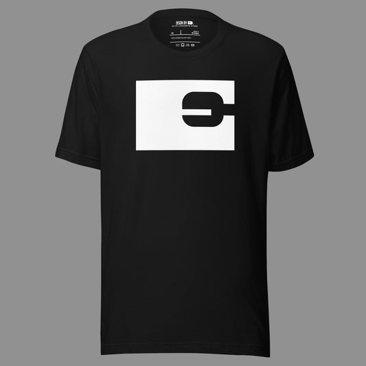 A black cotton unisex graphic tee with letter E.
