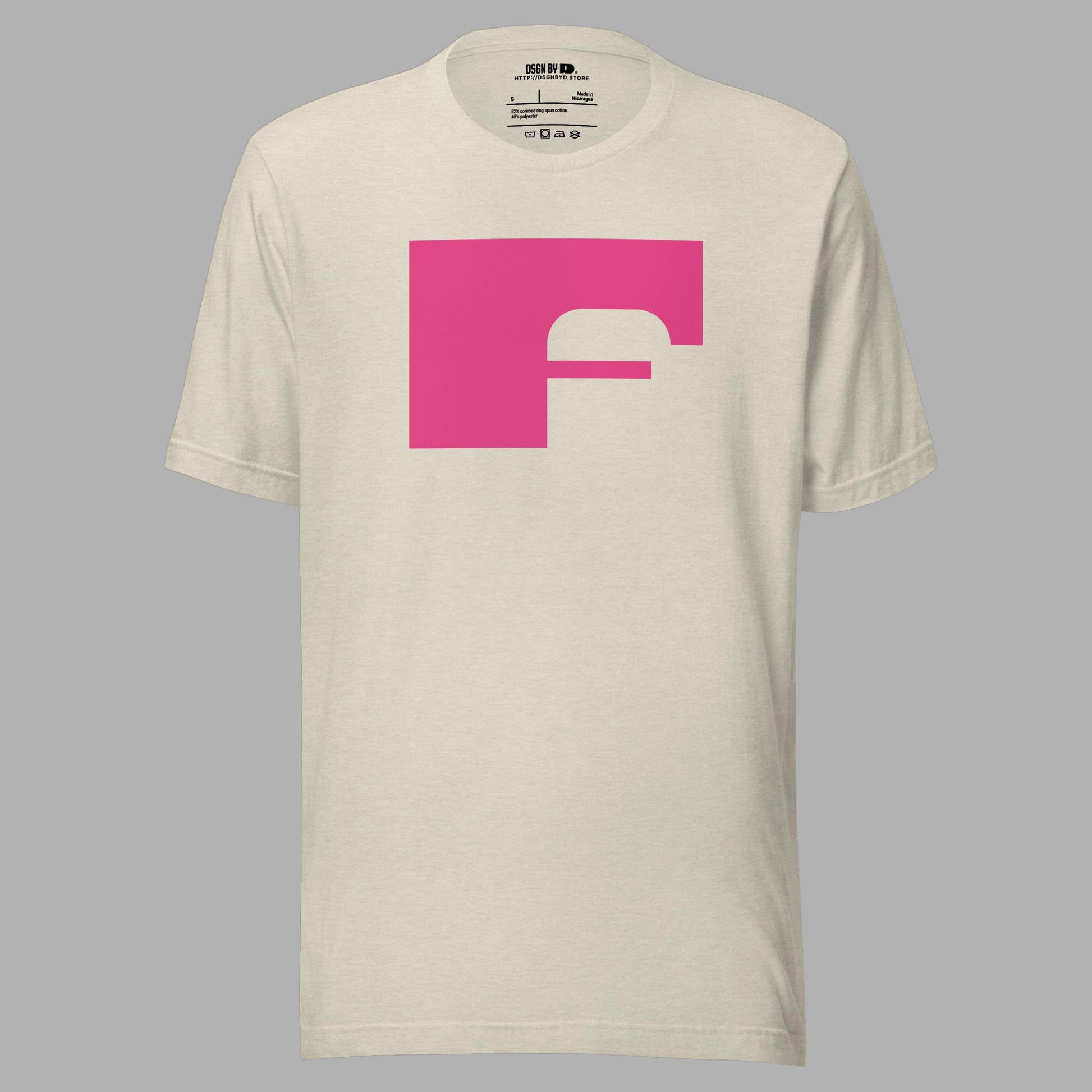 A beige cotton unisex graphic tee with letter F.