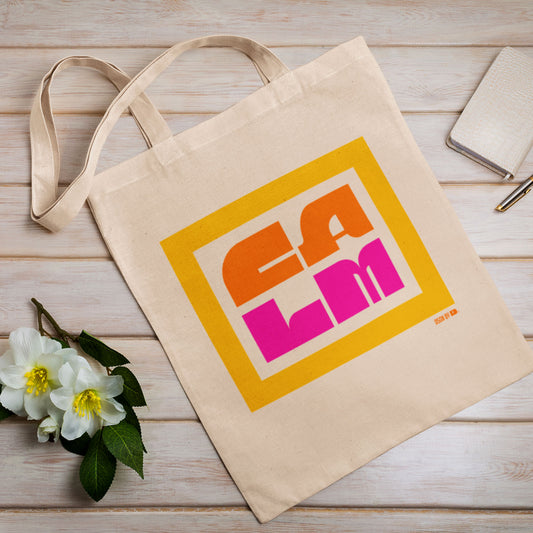 Tote bag with yellow orange and link texts