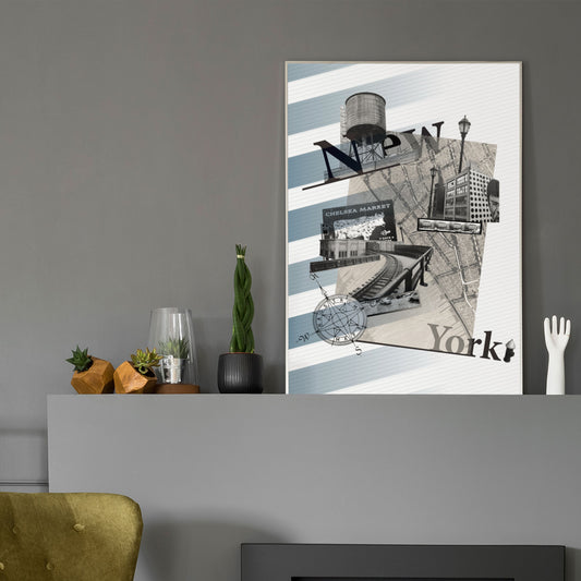Wall art poster showing New York City, in a contemporary living room.