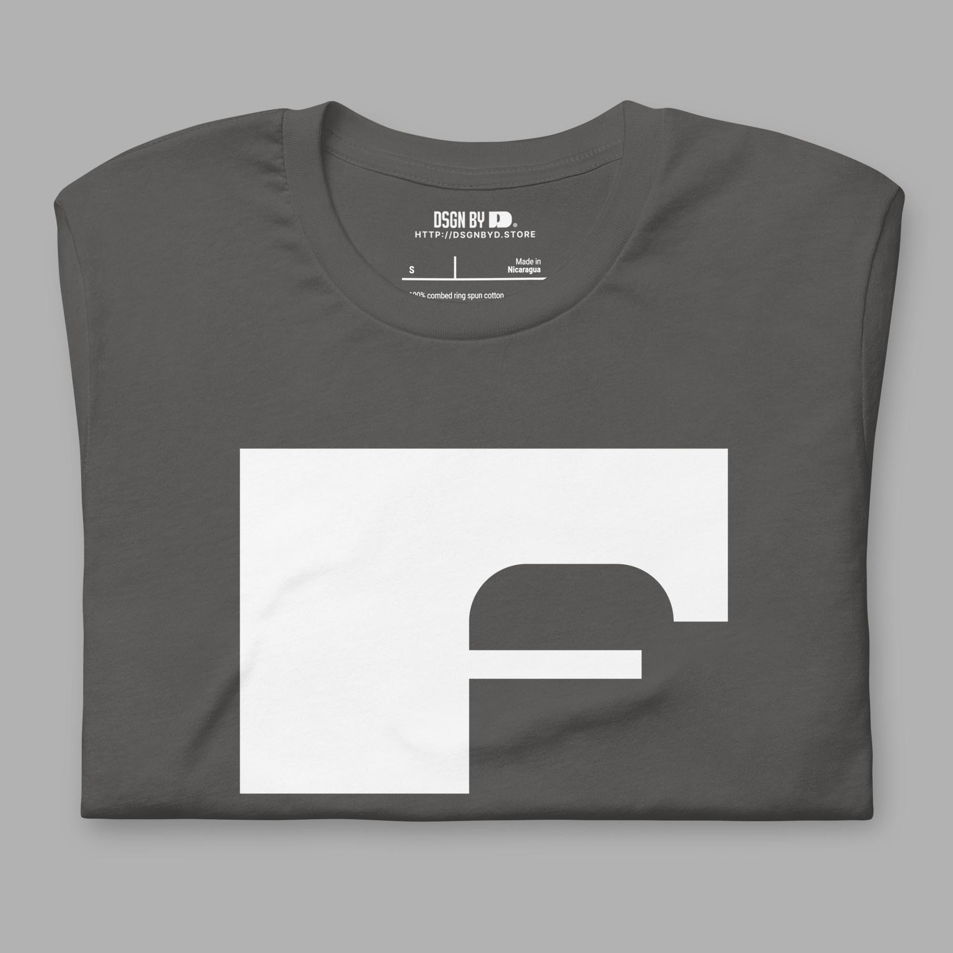A folded grey cotton unisex graphic tee with letter F.