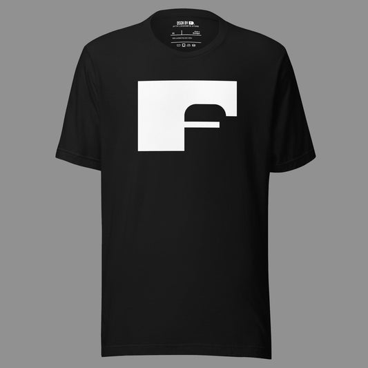 A black cotton unisex graphic tee with letter F.