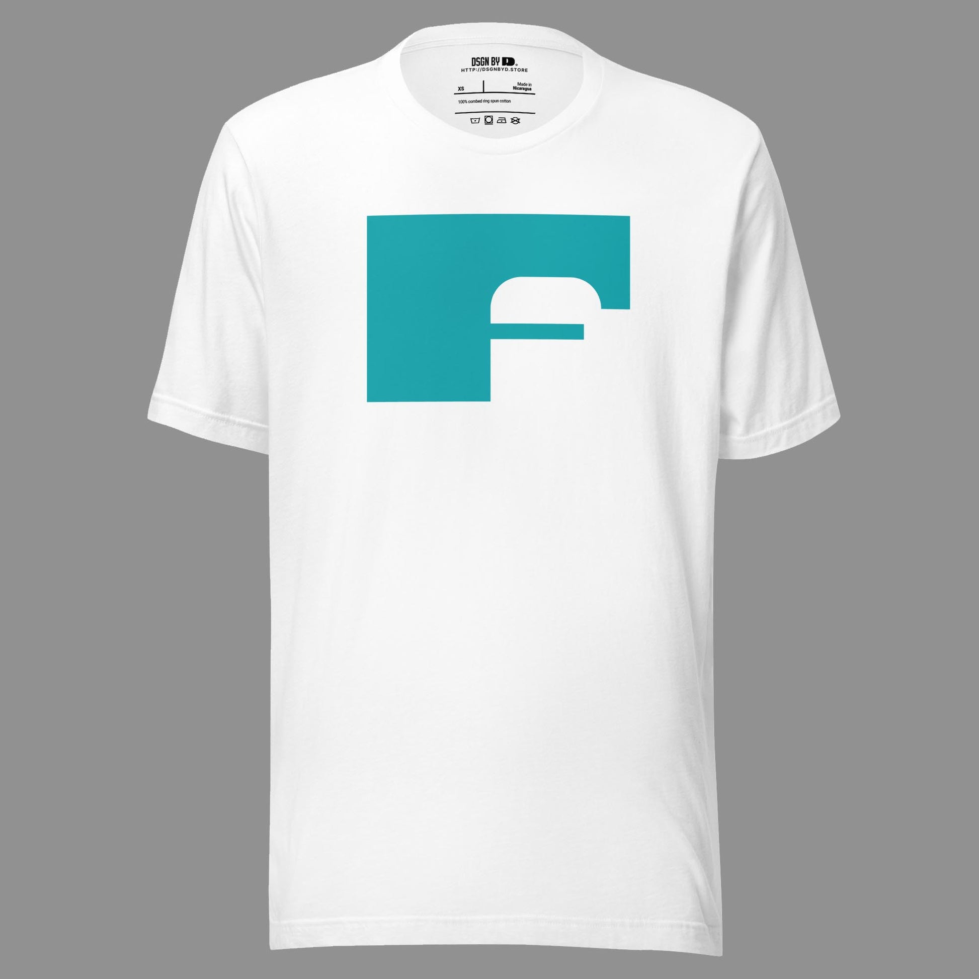 A white cotton unisex graphic tee with letter F.