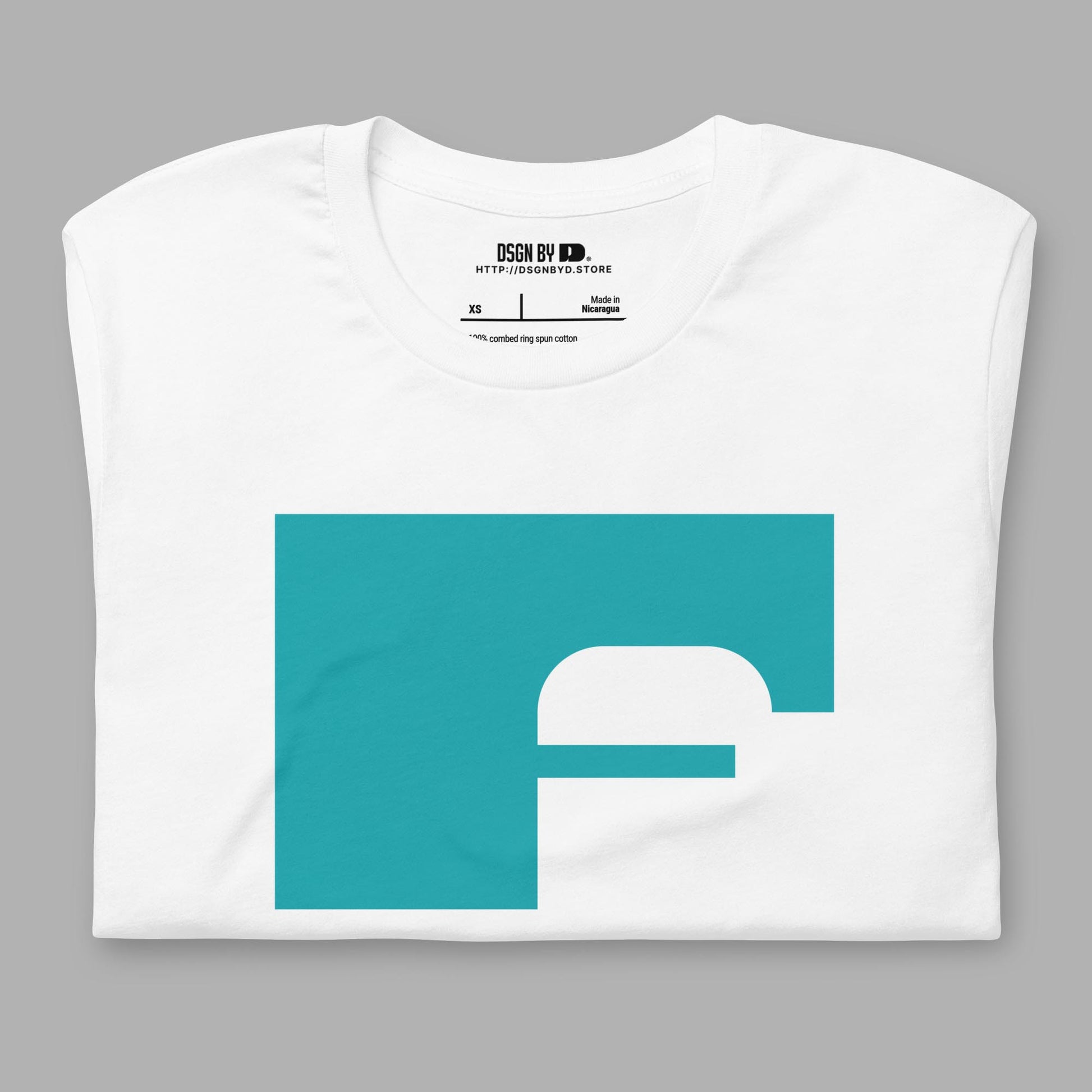 A folded white cotton unisex graphic tee with letter F.