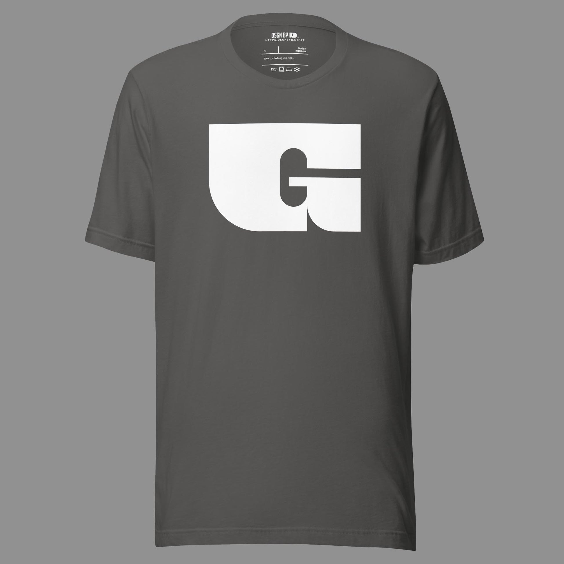 A grey cotton unisex graphic tee with letter G.