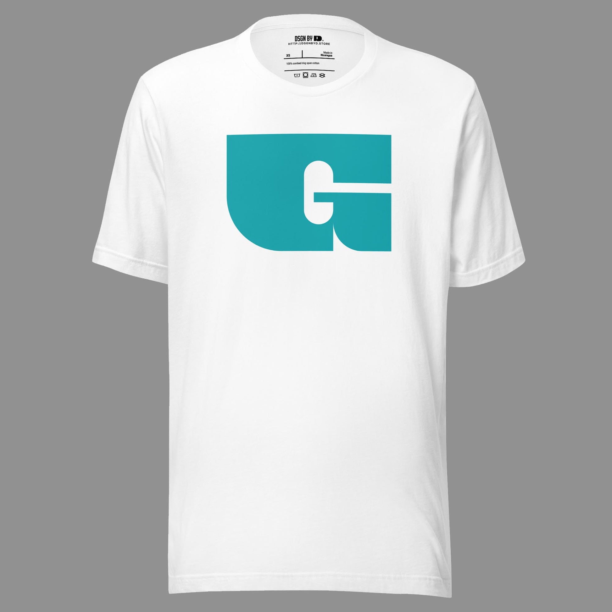 A white cotton unisex graphic tee with letter G.