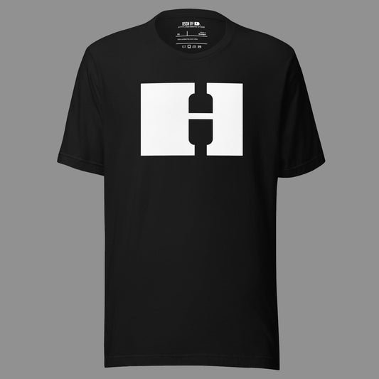 A black cotton unisex graphic tee with letter H.