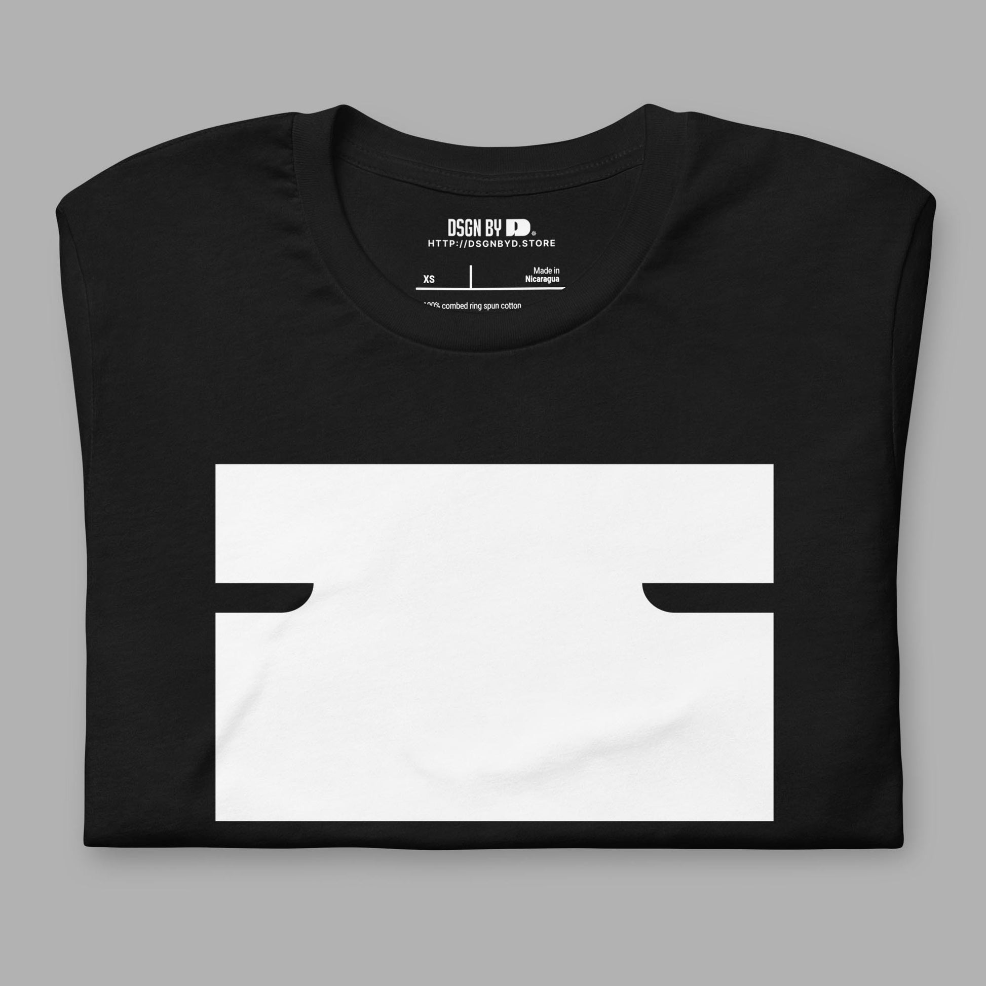 A folded black cotton unisex graphic tee with letter I.