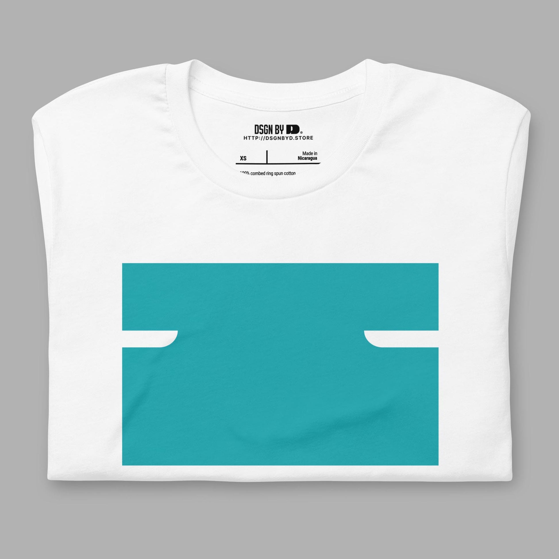 A folded white cotton unisex graphic tee with letter I.