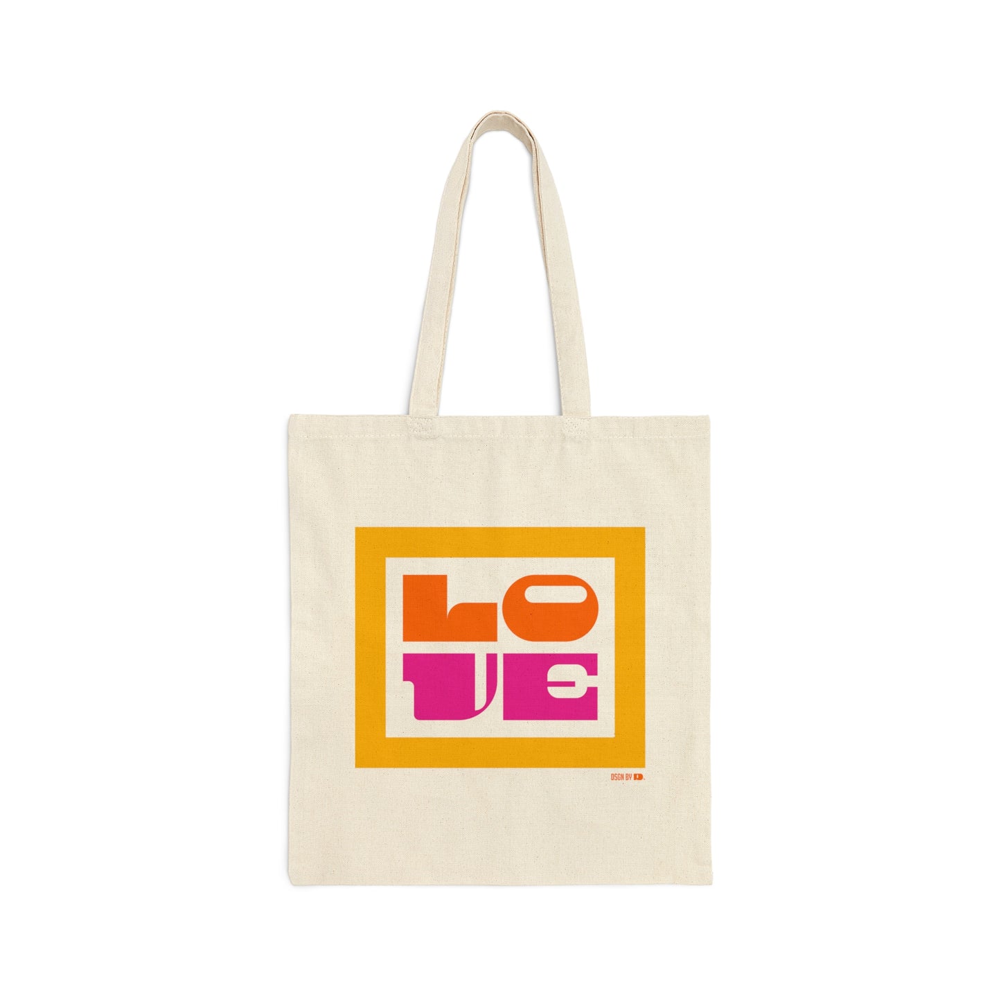 A antique white cotton canvas tote bag with yellow, orange, and pink design.