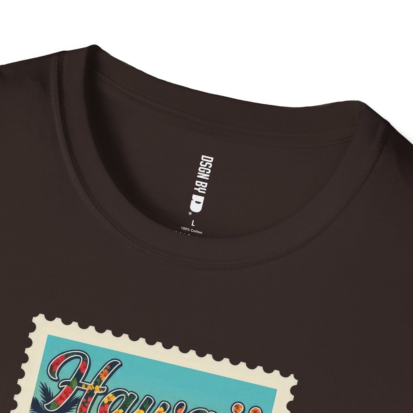 Close-up of a black t-shirt with a colorful 'Hawaii' design and a brand label on the collar.