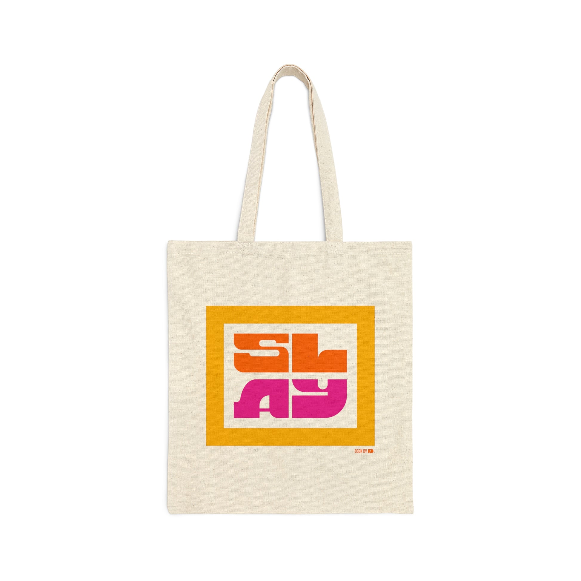 A cotton canvas tote bag with yellow, orange, and pink design on white back ground.