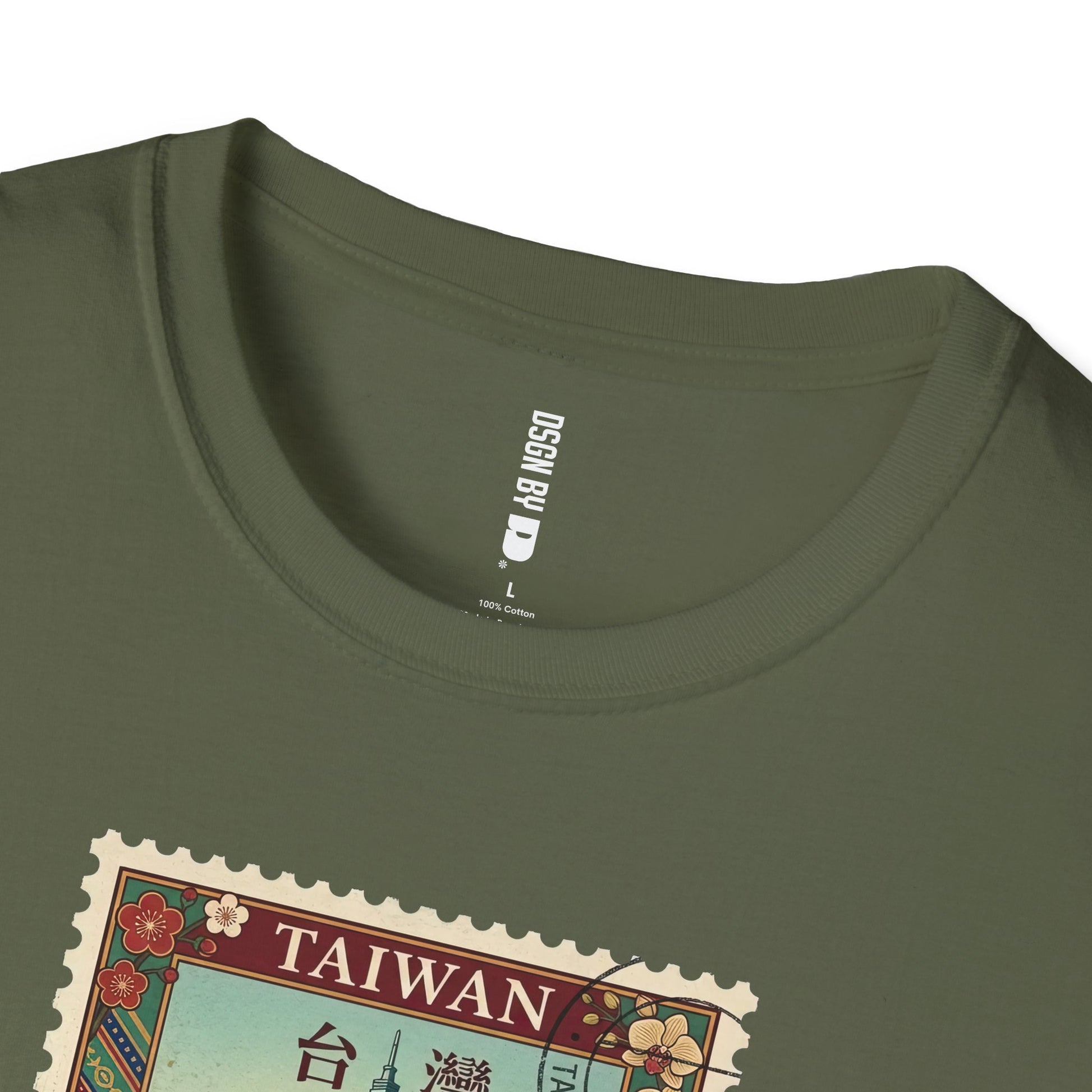 Green t-shirt with a Taiwan postage stamp design on a white background