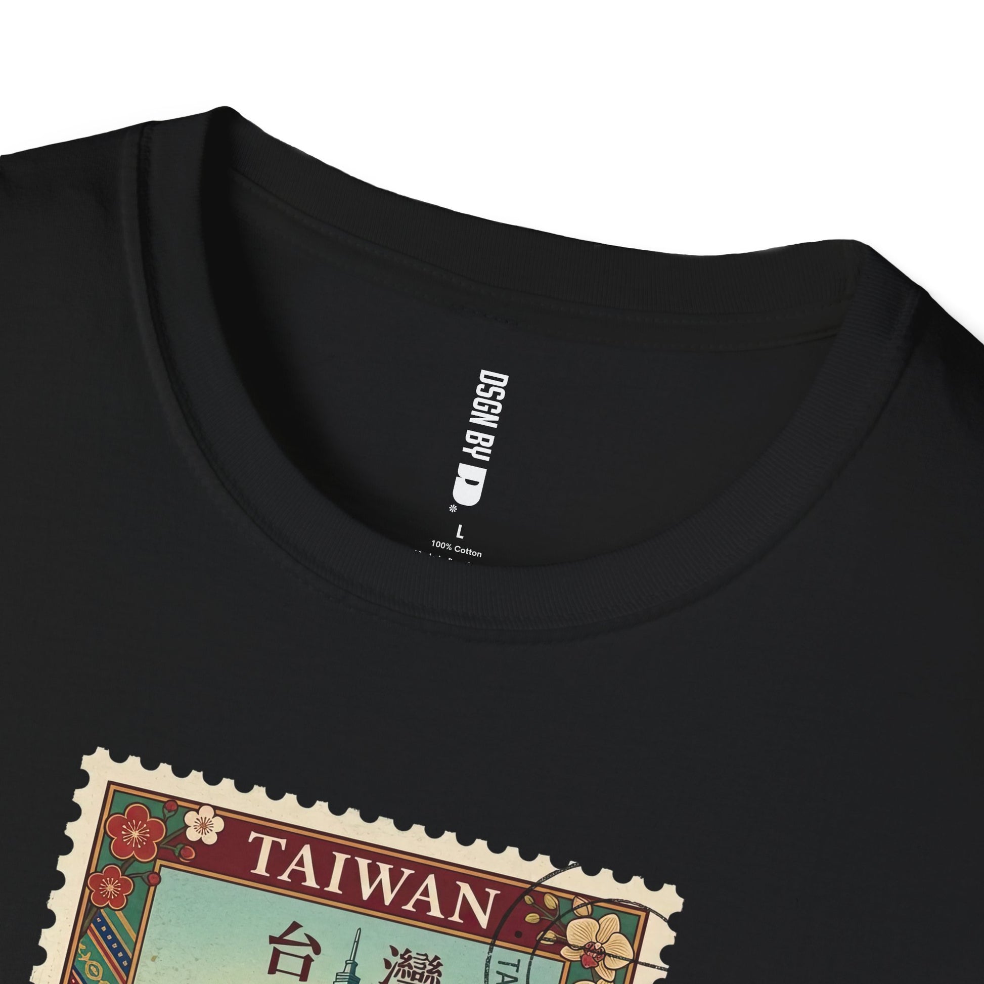 Black t-shirt with a 'Taiwan' stamp design and a visible brand label.