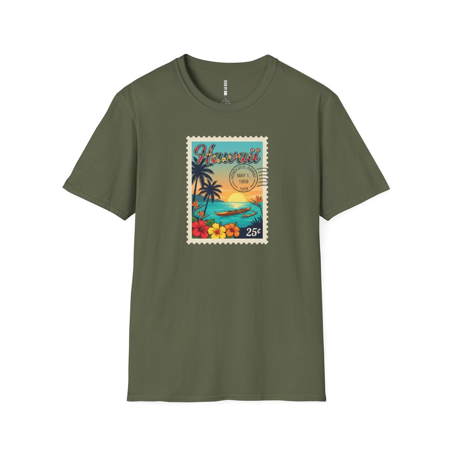 Green t-shirt with a colorful 'Hawaii' stamp design on a white background
