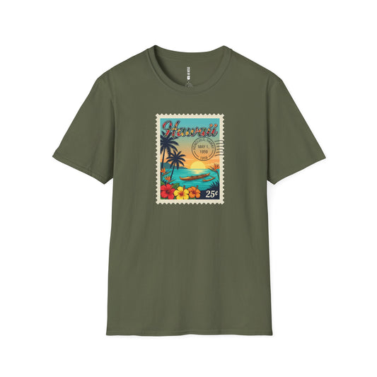 Green t-shirt with a colorful 'Hawaii' stamp design on a white background