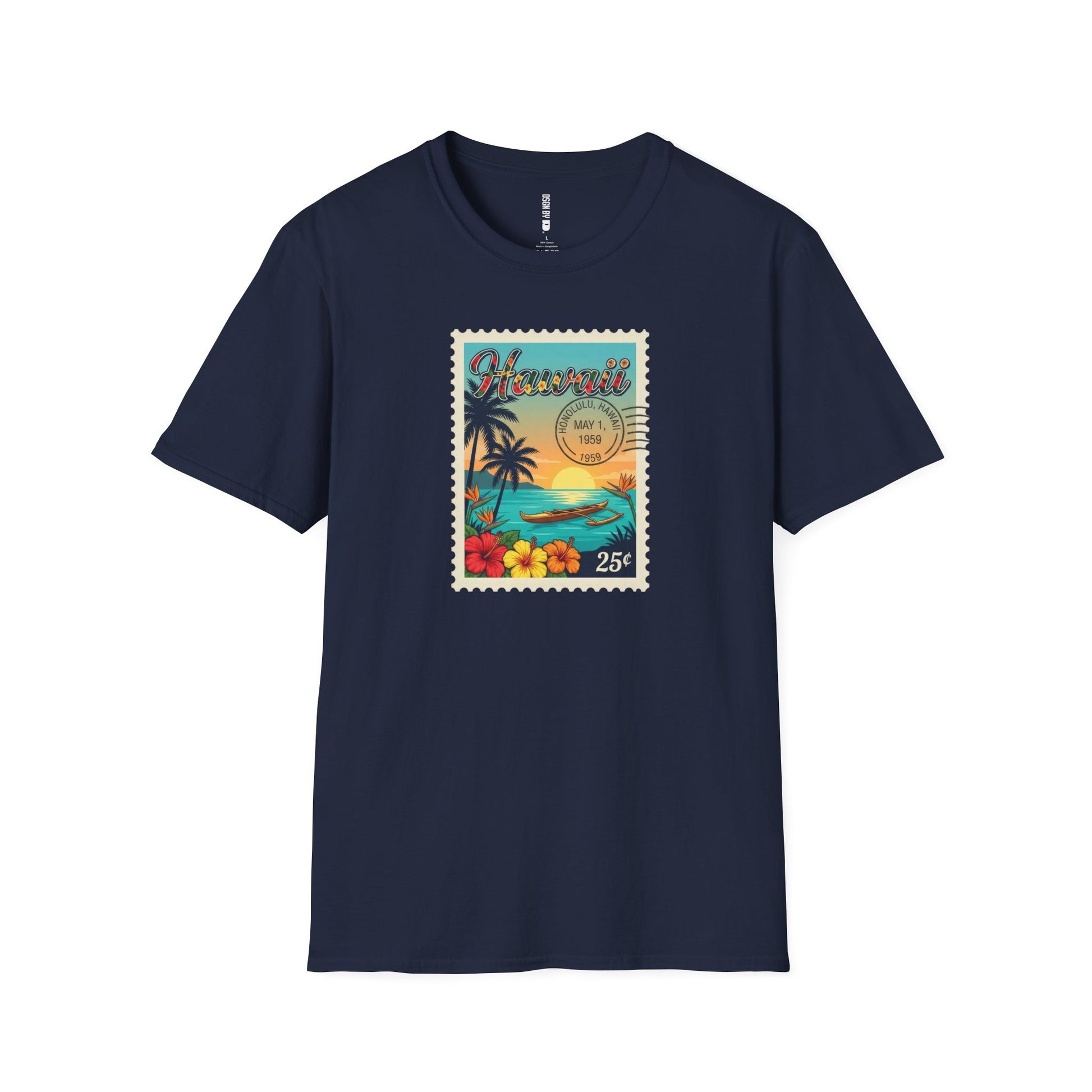 Navy blue t-shirt with a tropical design and 'Hawaii' text on a white background