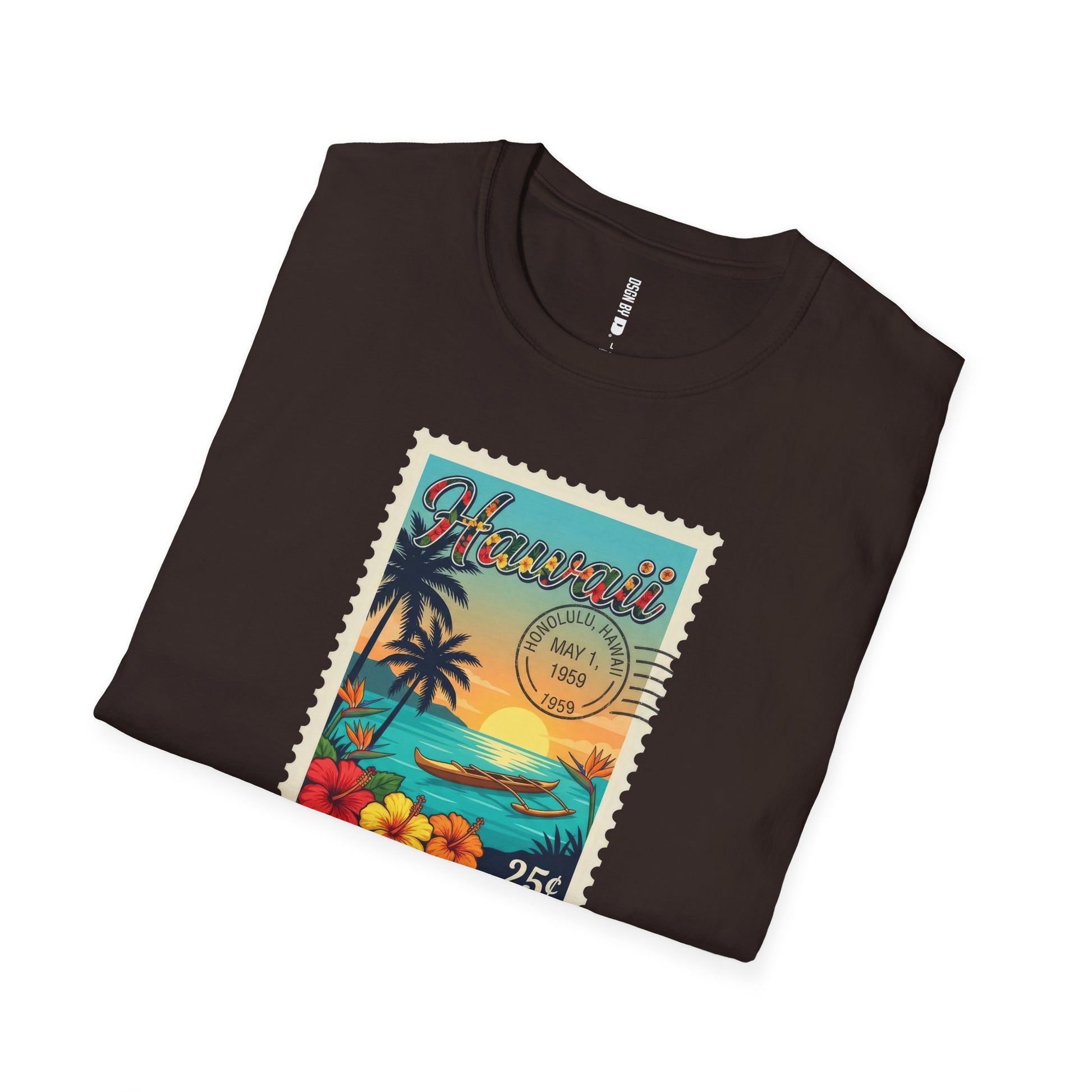 Folded black t-shirt with a colorful 'Hawaii' stamp design on a white background