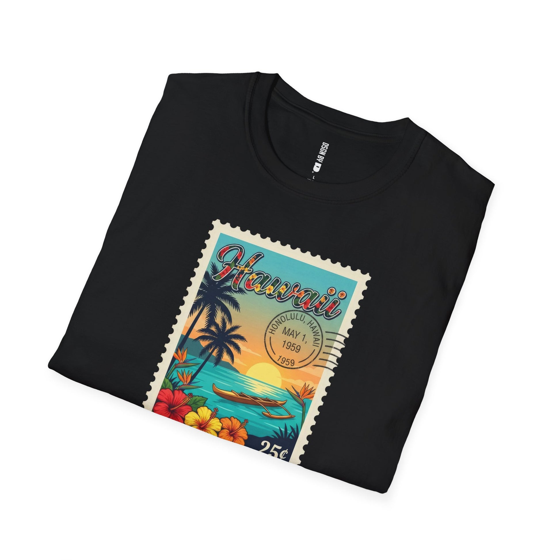 Black t-shirt with a colorful 'Hawaii' stamp design on a white background