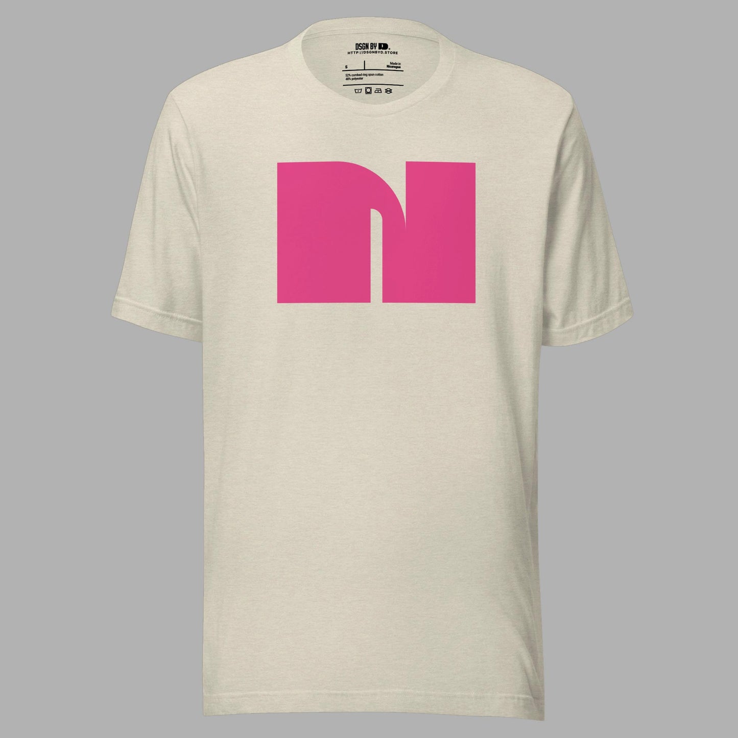 A beige cotton unisex graphic tee with letter N.